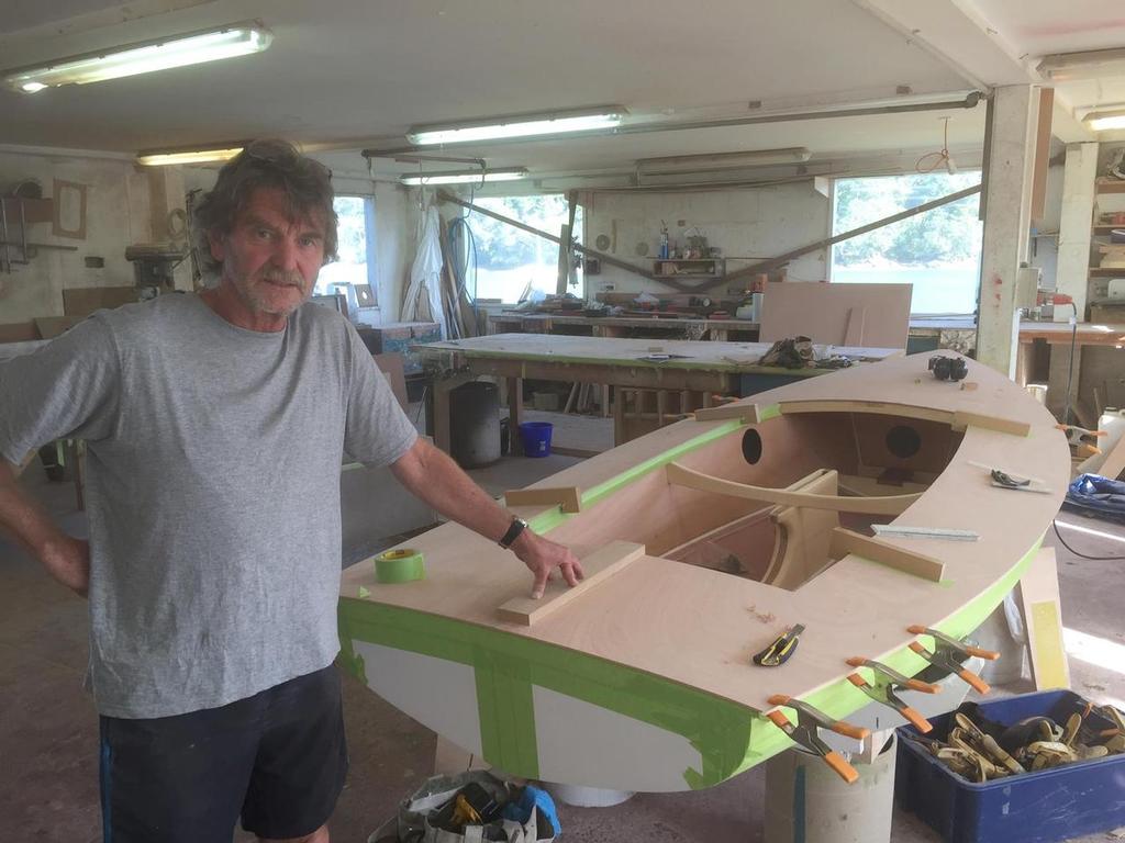 Don Currie fitting a wooden deck on the first fibreglass-hull Zephyr at Salthouse Boatbuilders, Greenhithe © Zephyr Owners Association